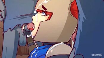 1girl 3boys ahegao animated animated_gif blue_eyes cave colored_skin cum cum_on_body cum_on_clothes derpixon double_handjob ejaculation facial fandeltales fantasy forced goblin grey_skin hair_through_headwear handjob helmet hetero imminent_fellatio jean_(fandeltales) large_penis looking_at_another multiple_boys open_mouth penis rape red_hair rolling_eyes solo_focus tongue tongue_out twintails