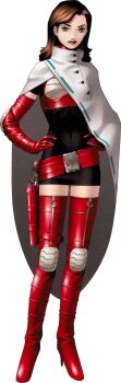 1girl absurdres armor boots brown_hair cape commentary english_commentary full_body gun hand_on_own_hip high_heels highres holster kazuma_kaneko lipstick makeup official_art scan shin_megami_tensei shin_megami_tensei_i simple_background solo thigh_boots thighhighs third-party_source transparent_background weapon yuka_(megami_tensei)