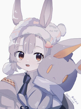 1girl :d animal_ears arknights beanie black_necktie brown_eyes collared_shirt commentary dated ears_through_headwear english_commentary grey_background grey_hair grey_hat grey_nails grey_scarf grey_shirt hat highres hugging_object looking_at_viewer necktie open_mouth rabbit_ears roi_423 scarf shirt simple_background smile solo stuffed_animal stuffed_rabbit stuffed_toy twitter_username upper_body warmy_(arknights) warmy_(warm_velvet_at_the_corner)_(arknights)