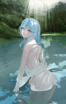 1girl ahoge backless_dress backless_outfit blue_hair breasts closed_mouth cowboy_shot crossed_bangs day dress edge_ill forest hashtag-only_commentary heart heart_ahoge highres hololive lake large_breasts long_hair looking_at_viewer median_furrow multicolored_hair nature outdoors pointy_ears see-through_clothes see-through_dress smile solo streaked_hair virtual_youtuber wading water wet wet_clothes wet_dress white_dress yellow_eyes yukihana_lamy