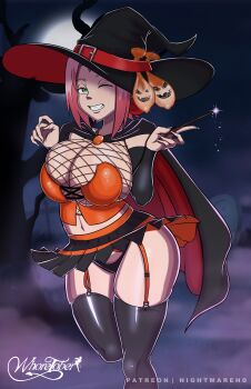 1girl alternate_costume artist_name black_cape black_hat black_panties black_shirt black_skirt black_sleeves black_thighhighs breasts cape clothes_lift condom corset cum detached_sleeves eyelashes facial_mark feet_out_of_frame female_focus fingernails fishnet_top fishnets forehead_mark green_eyes grin hands_up haruno_sakura hat huge_breasts long_fingernails looking_at_viewer medium_hair miniskirt moon naruto_(series) naruto_shippuuden naughty_face navel night night_sky nightmare_hdraw one_eye_closed orange_corset orange_skirt outdoors panties pink_hair red_cape red_hat shirt skirt skirt_lift sky smile solo standing standing_on_one_leg teeth thighhighs two-tone_cape two-tone_hat two-tone_skirt underwear used_condom variant_set wide_hips witch_hat