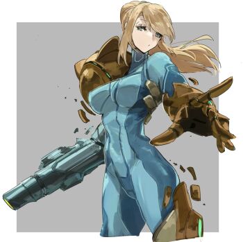Rule 34 | 1girl, absurdres, arm cannon, blonde hair, blue bodysuit, blue eyes, bodysuit, breasts, commentary, cropped legs, english commentary, highres, jonyeld, large breasts, long hair, looking at viewer, metroid, metroid: samus returns, nintendo, parted lips, ponytail, power suit (metroid), samus aran, simple background, skin tight, solo, varia suit, weapon, zero suit