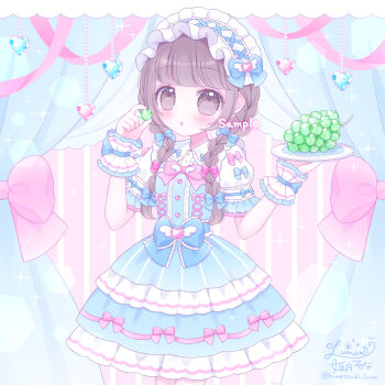 1girl bow braid brown_hair commentary_request commission dress food fruit highres himetsuki_luna holding holding_plate original pink_bow plate sample_watermark short_sleeves solo twin_braids twitter_username watermark