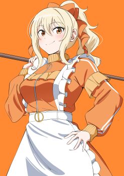 1girl absurdres apron blonde_hair bow breasts closed_mouth commentary cowboy_shot dress frilled_apron frills hair_between_eyes hair_bow hand_on_own_hip high_ponytail highres holding jersey_maid long_hair long_sidelocks long_sleeves looking_at_viewer love_live! love_live!_nijigasaki_high_school_idol_club maid medium_breasts miyashita_ai official_alternate_costume orange_background orange_bow orange_dress orange_eyes ponytail puffy_long_sleeves puffy_sleeves sidelocks simple_background smile solo split_mouth uchuu_no_mozuku unconventional_maid waist_apron white_apron