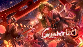 Rule 34 | > <, 2boys, 3girls, :d, aerial fireworks, bag, black gloves, black hair, black kimono, blue hair, commentary, creator name, dango, dutch angle, english commentary, fingerless gloves, fireworks, food, food in mouth, fox mask, glasses, gloves, green hair, hair ornament, highres, holding, holding bag, japanese clothes, kimono, long hair, looking at viewer, mani (osu!), mari (osu!), mask, mask on head, mocha (osu!), multiple boys, multiple girls, multiple torii, night, obijime, open mouth, osu!, outdoors, pink hair, pink kimono, pippi (osu!), ponytail, purple hair, redcxca, short kimono, smile, song name, star (symbol), star hair ornament, torii, wagashi, xd, yukata, yuzu (osu!)