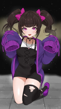 1girl black_dress black_thighhighs bow brown_hair character_name choker commission dress hair_bow highres indie_virtual_youtuber jewelry k_(art71) kneeling necklace o-ring o-ring_choker pink_bow purple_eyes purple_shoes shoes single_thighhigh skeb_commission skellie_bunneh sleeves_past_fingers sleeves_past_wrists thighhighs tongue tongue_out torn_clothes torn_thighhighs twintails twitter_username virtual_youtuber