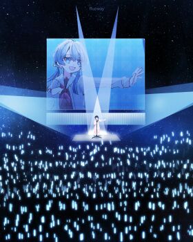 2girls 2nd_live_tour_~blooming_with_ooo~ :d animification blue_eyes blue_hair blue_ribbon blue_theme brown_cardigan brown_dress cardigan commentary_request dress glowstick hair_ribbon hand_on_own_chest hasu_no_sora_school_uniform highres jumbotron kanduki_kamibukuro light_particles link!_like!_love_live! link_to_the_future_(love_live!) long_hair long_sleeves love_live! low_twintails multiple_girls murano_sayaka neckerchief nonaka_kokona open_cardigan open_clothes open_mouth outstretched_arm penlight_(glowstick) pink_dress real_life red_neckerchief ribbon runway_(love_live!) sailor_collar sailor_dress school_uniform smile song_name spotlight stage twintails very_wide_shot virtual_youtuber voice_actor voice_actor_connection white_sailor_collar winter_uniform