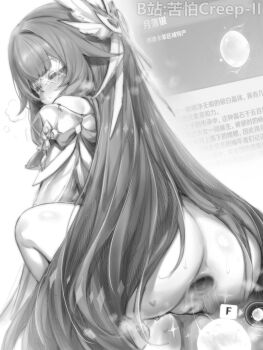 1girl anus ass blur_censor blush button_prompt censored chinese_commentary chinese_text cleft_of_venus columbina_(genshin_impact) commentary_request eye_mask gaping_anus genshin_impact greyscale highres kupa_(jesterwii) long_hair mask monochrome parted_lips pussy solo squatting very_long_hair