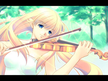 Rule 34 | 1girl, bare shoulders, blonde hair, blue eyes, elf, female focus, forest, grass, instrument, letterboxed, long hair, nature, outdoors, pointy ears, smile, solo, tama two (fukuya), tree, violin