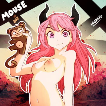 1girl breasts completely_nude english_text horns ironmouse medium_breasts monkey navel nipples nude pink_eyes pink_hair raised_eyebrows solo_focus srgrafo upper_body virtual_youtuber vshojo