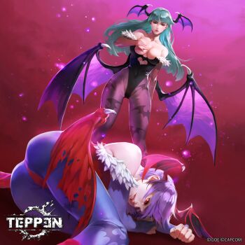 2girls animal_print ass bare_shoulders bat_print black_leotard blue_pantyhose breasts bridal_gauntlets cleavage collarbone commentary_request company_name covered_navel darkstalkers demon_girl demon_wings feather_trim fingernails gradient_background green_hair hand_on_own_chest hand_up head_wings highleg highleg_leotard highres large_breasts leotard lilith_(darkstalkers) lips logo long_hair low_wings lying morrigan_aensland multiple_girls official_art on_side pantyhose parted_lips purple_hair purple_pantyhose red_eyes red_leotard shiyuu_(shiyu) short_hair skin_tight standing teeth teppen wings