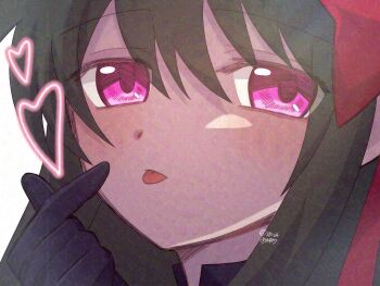 1girl akemi_homura akuma_homura amai_yume black_collar black_gloves black_hair blush bow close-up closed_mouth collar commentary_request gloves hair_between_eyes hair_bow heart high_collar highres long_hair looking_at_viewer mahou_shoujo_madoka_magica portrait purple_eyes red_bow simple_background solo tongue tongue_out white_background