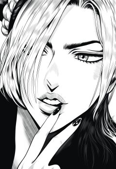 1girl absurdres braid bun_with_braided_base commentary double_bun english_commentary greyscale hair_bun hatching_(texture) highres jojo_no_kimyou_na_bouken kuujou_jolyne monochrome mostlybluewyatt multicolored_hair signature solo stone_ocean two-tone_hair