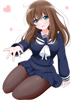 Rule 34 | 1girl, :d, aqua eyes, black pantyhose, blue sailor collar, blue shirt, blue skirt, brown hair, collarbone, commentary request, hair between eyes, heart, hibike! euphonium, highres, imai kazunari, kuroe mayu, long hair, long sleeves, looking at viewer, open mouth, outstretched arm, pantyhose, sail, sailor collar, school uniform, serafuku, shirt, sidelocks, simple background, sitting, skirt, smile, solo, thighs, white background