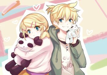 1boy 1girl absurdres blue_eyes brother_and_sister collarbone eyelashes green_jacket hair_ornament hairclip heart highres hugging_doll hugging_object jacket kagamine_len kagamine_rin long_sleeves ponytail shirt short_hair siblings song_name stuffed_animal stuffed_panda stuffed_toy suki_kirai_(vocaloid) varinr vocaloid white_shirt