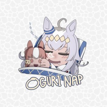 1girl animal_ears belno_light_(umamusume) bright_pupils character_doll character_name commentary cropped_torso doll drooling english_text futon grey_hair horse_ears horse_girl i-pan long_hair looking_at_viewer nose_bubble oguri_cap_(starlight_beat)_(umamusume) oguri_cap_(umamusume) pillow sleeping solo stuffed_toy umamusume under_covers white_pupils
