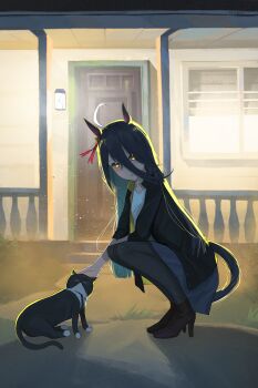 1girl ahoge animal_ears black_cat black_jacket black_pantyhose black_shoes blush cat dev_grater door ear_bell ear_ornament grey_skirt hair_between_eyes high_heels highres horse_ears horse_girl horse_tail jacket long_bangs long_hair long_hair_between_eyes long_sleeves looking_at_viewer manhattan_cafe_(umamusume) multicolored_hair open_clothes open_jacket pantyhose petting pleated_skirt porch railing shirt shoes skirt solo squatting tail umamusume very_long_hair wall_lamp white_hair white_shirt wind yellow_eyes