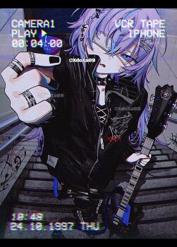 1boy alternate_costume arm_up black_border black_jacket black_nails border choker dated ear_piercing eyepatch foreshortening full_body guitar hair_between_eyes hair_ornament hairclip highres holding holding_guitar holding_instrument holding_plectrum hoshirube_sho instrument jacket jewelry long_hair long_sleeves looking_at_viewer male_focus multicolored_hair multiple_rings nijisanji on_stairs open_mouth outstretched_arm partially_unzipped piercing plectrum purple_hair ring solo spiked_choker spikes stairs standing streaked_hair virtual_youtuber xdoxa89