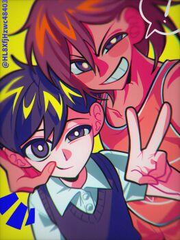 ! 2boys antenna_hair black_eyes black_hair black_sweater_vest blush bright_pupils brown_hair closed_mouth collarbone collared_shirt dark-skinned_male dark_skin double-parted_bangs grin hair_between_eyes haiyang_shengwu hashtag-only_commentary highres kel_(faraway)_(omori) kel_(omori) looking_at_viewer male_focus multiple_boys omori open_mouth shirt short_hair short_sleeves smile speech_bubble spoken_exclamation_mark sunny_(omori) sweater_vest teeth twitter_username v white_pupils white_shirt