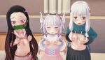 3d 3girls animated black_hair black_skirt blush breasts crossover eromanga_sensei gag hoshinonon izumi_sagiri kamado_nezuko kanna_kamui kimetsu_no_yaiba kobayashi-san_chi_no_maidragon koikatsu_(medium) loli long_hair long_sleeves looking_at_viewer multiple_girls nipples no_nose open_mouth pink_hair pleated_skirt skirt small_breasts video