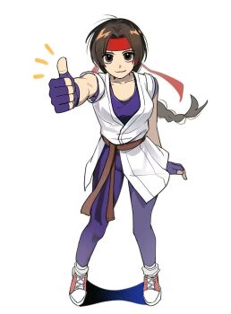 1girl amo_brief belt brown_belt dougi female_focus fingerless_gloves gloves headband karate_gi leggings martial_arts_belt purple_gloves purple_leggings red_headband ryuuko_no_ken shoes sneakers snk solo the_king_of_fighters thumbs_up yuri_sakazaki
