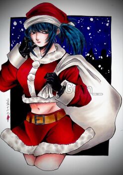 1girl __mmgum__ blue_hair breasts christmas coat dress fluffy gloves green_eyes hat huge_breasts large_breasts leona_heidern long_hair pale_skin ponytail skirt snow snowing the_king_of_fighters thick_thighs thighs wide_hips