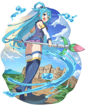 1girl absurdres aqua_(konosuba) ass blue_boots blue_eyes blue_hair blue_shirt blush boots bow bowtie castle day detached_sleeves from_behind full_body green_bow green_bowtie hair_ornament hair_rings highres holding holding_staff horizon kono_subarashii_sekai_ni_shukufuku_wo! long_hair looking_at_viewer looking_back mage_staff magic no_panties onabe915 open_mouth outdoors shirt simple_background single_hair_ring sky sleeveless sleeveless_shirt smile solo sphere_hair_ornament staff standing thigh_boots thighhighs thighhighs_under_boots thighs walking water white_background white_thighhighs wide_sleeves