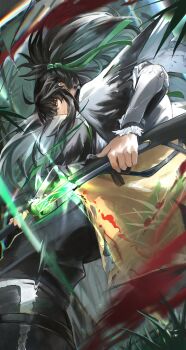 1boy absurdres arm_armor black_hair black_pants cloak closed_mouth commentary drawing_sword green_ribbon grey_eyes hair_ribbon hanasawa_(hanasawa062) hashtag-only_commentary highres holding holding_sword holding_weapon long_hair male_focus pants qiuyuan_(wuthering_waves) ribbon scabbard sheath solo sword unsheathing weapon white_cloak wuthering_waves