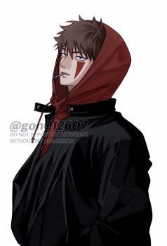 Rule 34 | 1boy, black jacket, brown hair, drawstring, facial mark, gon012607, hair between eyes, hand in pocket, highres, hood, hood up, hoodie, inuzuka kiba, jacket, jacket over hoodie, male focus, naruto (series), parted lips, red hoodie, short hair, solo, twitter username, upper body, white background