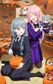 2girls absurdres bang_dream! bang_dream!_it&#039;s_mygo!!!!! black_bow black_bowtie black_jacket black_necktie black_pantyhose black_skirt black_socks black_sweater blue_hair bow bowtie braid candy chihaya_anon commentary commission cosplay english_commentary enid_sinclair enid_sinclair_(cosplay) fang food fries_vanquisher halloween highres indoors jack-o&#039;-lantern jacket long_hair multiple_girls necktie no_shoes open_mouth pantyhose pink_hair pixiv_commission purple_jacket purple_skirt sitting skirt socks sweatdrop sweater teeth the_addams_family togawa_sakiko twin_braids upper_teeth_only wariza wednesday_(netflix) wednesday_addams wednesday_addams_(cosplay) yellow_eyes