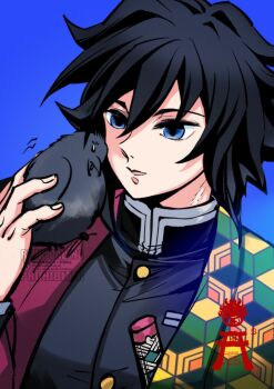 1boy bird black_hair black_jacket blue_eyes buttons crow demon_slayer_uniform fingernails gold_buttons hand_up haori high_collar highres jacket japanese_clothes kanzaburou_(kimetsu_no_yaiba) katana kikkoumon kimetsu_no_yaiba low_ponytail male_focus parted_lips ponytail print_haori red_haori solo spiked_hair sword takoyatsurngk tomioka_giyuu upper_body weapon