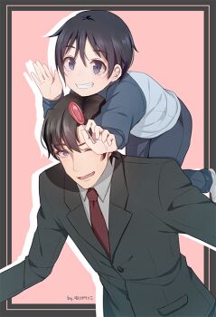 2boys age_difference black_border black_hair black_jacket blue_pants boku_dake_ga_inai_machi border candy commentary_request drop_shadow food fujinuma_satoru grin holding holding_candy holding_food holding_lollipop jacket lollipop long_sleeves male_focus monicanc multiple_boys necktie one_eye_closed open_mouth pants pink_background raglan_sleeves red_necktie short_hair smile yashiro_gaku