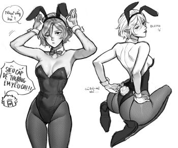ass blush breasts cleavage covered_navel dungeon_meshi elf fishnet_pantyhose fishnets genderswap genderswap_(mtf) greyscale highres lazy_eye mithrun monochrome notomelepun pantyhose playboy_bunny pointy_ears sketch