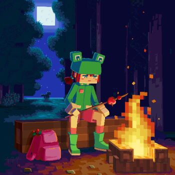 1girl apple backpack bag blue_eyes blush_stickers boots brown_hair campfire commentary english_commentary faux_3d fire food fox fox_(minecraft) frog_hat frostyflytrap fruit full_body full_moon green_boots green_jacket hat holding jacket jaggy_lines long_sleeves looking_ahead low_poly lowres minecraft minecraft_(style) moon night oekaki official_style outdoors pink_bag pink_shorts rana_(minecraft) scenery short_hair short_twintails shorts sitting skewer sky socks solo sweet_berries_(minecraft) tree twintails unworn_bag