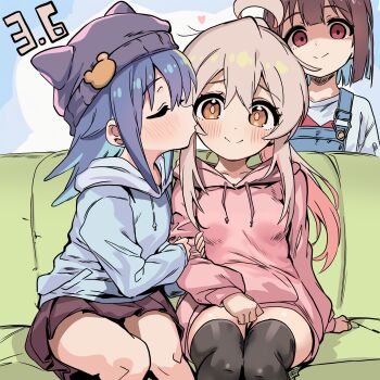 3girls ahoge aqua_hair bare_legs bilingual_commentary black_hat black_thighhighs blue_hair blue_hoodie blush breasts brown_eyes brown_hair brown_skirt child closed_eyes colored_inner_hair commentary couch dated drawstring empty_eyes english_commentary hat hat_ornament hat_with_ears heart highres holding_another's_arm hood hood_down hoodie hozuki_momiji indoors kiss kissing_cheek kiziriz long_hair long_sleeves looking_at_viewer mixed-language_commentary multicolored_hair multiple_girls on_couch onii-chan_wa_oshimai! overalls oyama_mahiro pink_hair pink_hoodie pleated_skirt ponytail shaded_face short_hair sidelocks sitting skirt small_breasts smile tenkawa_nayuta thighhighs two-tone_hair yandere yuri