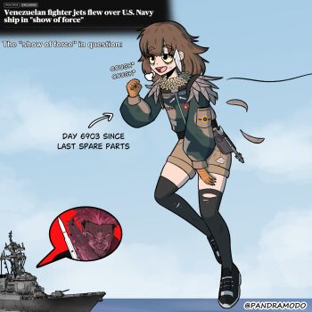 1boy 1girl :d black_shoes black_thighhighs blue_sky brown_hair brown_shorts character_request commentary copyright_request coughing english_commentary english_text f-16_fighting_falcon_(pandramodo) falling_feathers feather_hair feathers full_body green_jacket highres jacket medium_hair military_vehicle missile multicolored_jacket open_mouth original pandramodo personification screenshot_inset ship shoes shorts sky smile teeth thighhighs torn_clothes torn_thighhighs twitter_username united_states_navy upper_teeth_only venezuelan_air_force warship watercraft yellow_eyes zettai_ryouiki