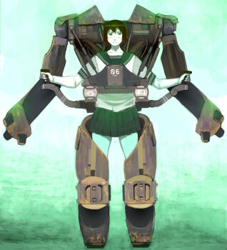 Rule 34 | brown hair, mecha, robot, school uniform, serafuku, shiira, short hair, simple background, solo, tagme