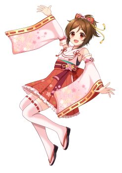 1girl absurdres bow bowtie brown_hair detached_sleeves domyoji_karin flower_ornament frilled_skirt frills hair_ornament highres idolmaster idolmaster_cinderella_girls mula0114 nontraditional_miko open_mouth red_eyes ribbon-trimmed_thighhighs ribbon_trim short_hair skirt smile tassel thighhighs white_thighhighs wide_sleeves