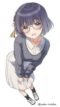 Rule 34 | 1girl, bespectacled, black socks, blush, collarbone, commentary request, cropped sweater, dress, flower, full body, gakuen idolmaster, glasses, grey eyes, grey sweater, hair flower, hair ornament, hands on own knees, hataya misuzu, highres, idolmaster, leaning forward, long sleeves, looking at viewer, mole, mole under mouth, open mouth, osoba susurukun, purple hair, shoes, short hair, simple background, smile, sneakers, socks, solo, standing, sweater, tassel, tassel hair ornament, twitter username, white background, white dress, yellow-framed eyewear