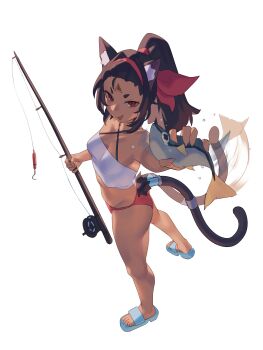 1girl absurdres alternate_costume animal animal_ear_fluff animal_ears aragiken ass barcode barcode_tattoo bare_shoulders blue_shoes breasts cable cable_tail cat_ears cat_girl cat_tail cleavage commentary english_commentary facial_mark fang fish fishing_rod forehead_mark forehead_tattoo from_above hair_intakes hairband highres holding holding_animal holding_fish holding_fishing_rod looking_at_viewer mechanical_tail midriff multiple_tails nekomiya_mana open_mouth panties red_eyes red_hairband red_panties shoes simple_background skin_fang small_breasts solo strapless tail tattoo triangle triangle_facial_mark tube_top two_tails underwear white_background white_tube_top zenless_zone_zero