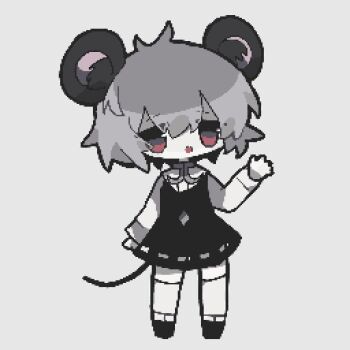 1girl animal_ears black_dress black_shoes colored_skin commentary_request cookie_(touhou) dress full_body grey_background grey_hair hand_up inm_6904 long_sleeves looking_at_viewer mouse_ears mouse_girl mouse_tail nazrin nyon_(cookie) open_mouth pinafore_dress pixel_art red_eyes shirt shoes short_hair simple_background sleeveless sleeveless_dress smile socks solo standing tail touhou white_shirt white_skin white_socks