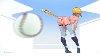 1boy anal anal_object_insertion anus anus_hold ball baseball baseball_(object) baseball_bat full_body gloves male_focus motion_blur object_insertion original penis short_hair solo standing tailbox testicles two-tone_thighhighs white_gloves
