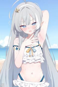 1girl ahoge artist_name beach bikini blue_eyes blush breasts commentary deyui english_commentary female_tyrant_(stella_sora) grey_hair hair_ornament hairband highres long_hair looking_at_viewer navel pointy_ears small_breasts solo stella_sora swimsuit tyrant_(stella_sora) very_long_hair white_bikini