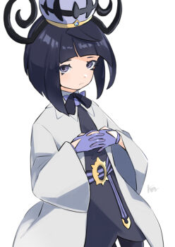 1girl black_hair black_pantyhose black_ribbon closed_mouth coat commentary_request dress gloves grey_eyes gwynn_(pokemon) hat interlocked_fingers looking_at_viewer mainiti_(g_mainiti) medium_hair neck_ribbon nintendo open_clothes open_coat own_hands_together pantyhose pokemon pokemon_legends:_z-a purple_gloves ribbon signature simple_background solo white_background