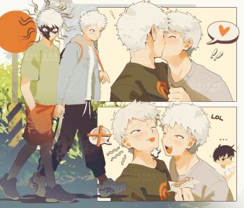 ! !! ... 2boys adam's_apple backpack bag black_eyes black_pants commentary dual_persona english_commentary fang french_kiss green_shirt heart highres hikaru_ga_shinda_natsu holding_hands indou_hikaru indou_hikaru_(human) kiss looking_at_another male_focus multiple_boys orange_shorts pants red_pupils selfcest shirt short_eyebrows short_hair shorts spoken_heart standing tongue tongue_out track_pants tsujinaka_yoshiki walking white_hair yaoi zipsunz