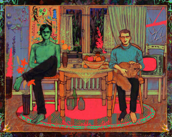 2boys barefoot black_hair blue_sweater bottle brown_hair cat cat_(no_i&#039;m_not_a_human) colored_skin crossed_legs flower food fruit green_skin highres indoors intruder_(no_i&#039;m_not_a_human) jar kitchen looking_at_viewer male_focus multiple_boys no_eyes no_i&#039;m_not_a_human no_mouth orange_flower protagonist_(no_i&#039;m_not_a_human) radio short_hair single_sock sitting socks sweater television topless_male torn_clothes torn_socks turtleneck turtleneck_sweater vase window zhenovlisko