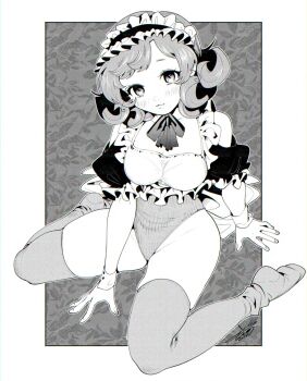 1girl blush border breasts cleavage cuffs filter-goshi_no_kanojo frills highres kagurazaka_minami maid maid_headdress medium_breasts monochrome neck_ribbon official_art oomsz ribbon short_hair sitting socks solo thighhighs thighs unconventional_maid wrist_cuffs