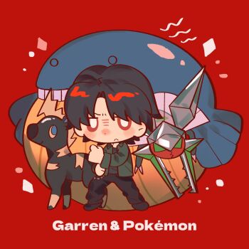 1boy 2786867956wuyu alternate_color animification black_hair black_pants black_shoes blitzle bright_pupils chinese_commentary closed_mouth collared_shirt commentary_request crossover curtained_hair diamond_(shape) full_body gen_3_pokemon gen_5_pokemon gen_7_pokemon highres kamen_rider kamen_rider_blade_(series) long_sleeves looking_at_viewer male_focus nintendo pants parted_bangs pokemon pokemon_(creature) red_background red_eyes shiny_pokemon shirt shoes short_hair simple_background standing tachibana_sakuya_(kamen_rider_blade) vikavolt wailmer white_pupils