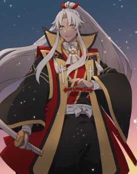 1boy amakusa_shirou_(fate) amakusa_shirou_(third_ascension)_(fate) coat commentary_request dark-skinned_male dark_skin fate/apocrypha fate_(series) feet_out_of_frame high_ponytail highres holding holding_sword holding_weapon japanese_clothes katana long_hair male_focus ponytail sidelocks solo sword tassel tofu_(bean359) very_long_hair weapon white_hair wide_sleeves yellow_eyes