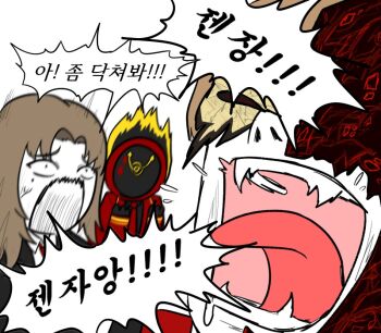 1girl 1other black_coat black_gloves black_shirt black_suit brown_hair cassetti_(project_moon) check_translation clock coat collared_shirt commentary_request dante_(limbus_company) fang fire formal_clothes gloves korean_commentary limbus_company mask masquerade_mask necktie object_head project_moon quka404 red_coat red_eyes red_necktie red_sash rodion_(project_moon) sash shirt simple_background speech_bubble suit tongue translation_request white_background white_shirt